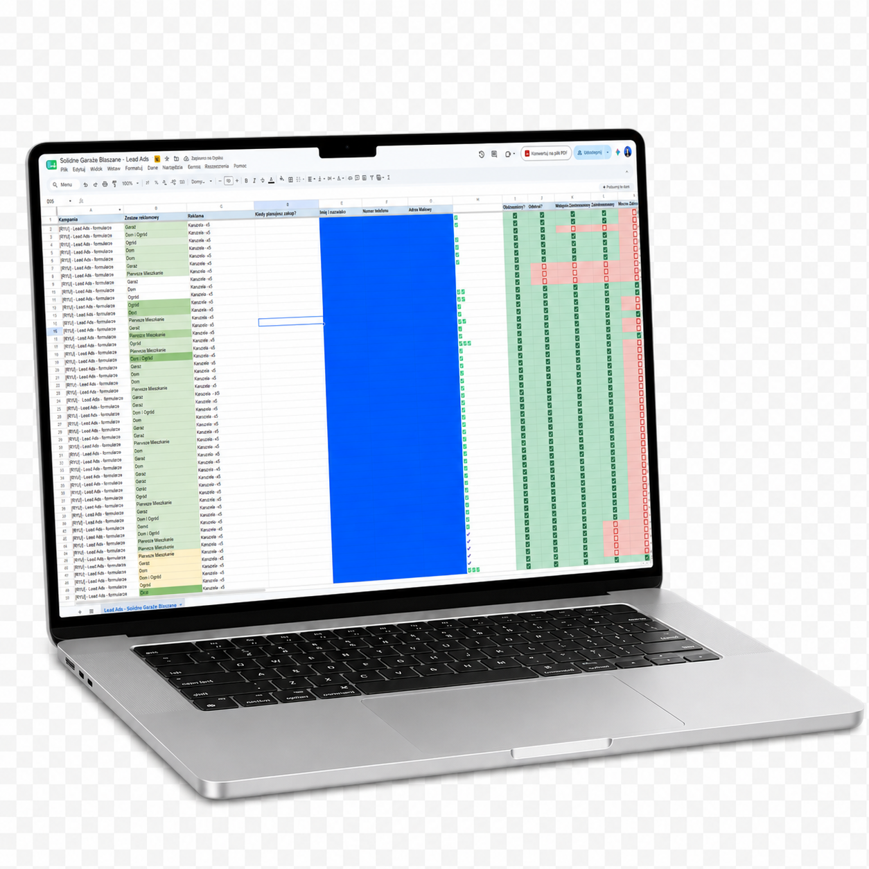 Arkusz CRM z leadami z kampanii Lead Ads - status kontaktu, zainteresowanie, ICP.
