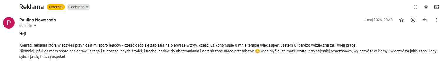 Wiadomość od Pauliny Nowosady - reklama przyniosła sporo leadów