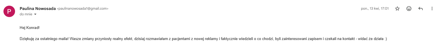 Wiadomość od Pauliny Nowosady - pacjenci z nowej reklamy